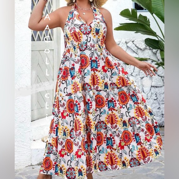 Boho Floral Paisleys Print Halter Neck Tue Back Maxi Dress - Picture 3 of 3